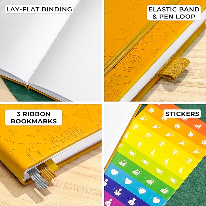 Clever Fox Dotted Journal 2.0 – Compact Planning and Sketching Dot Grid Notebook 120 GSM Thick, No-Bleed Paper – Planner with Pen Loop, Pocket, Ribbons, Stickers A5 - Amber Yellow
