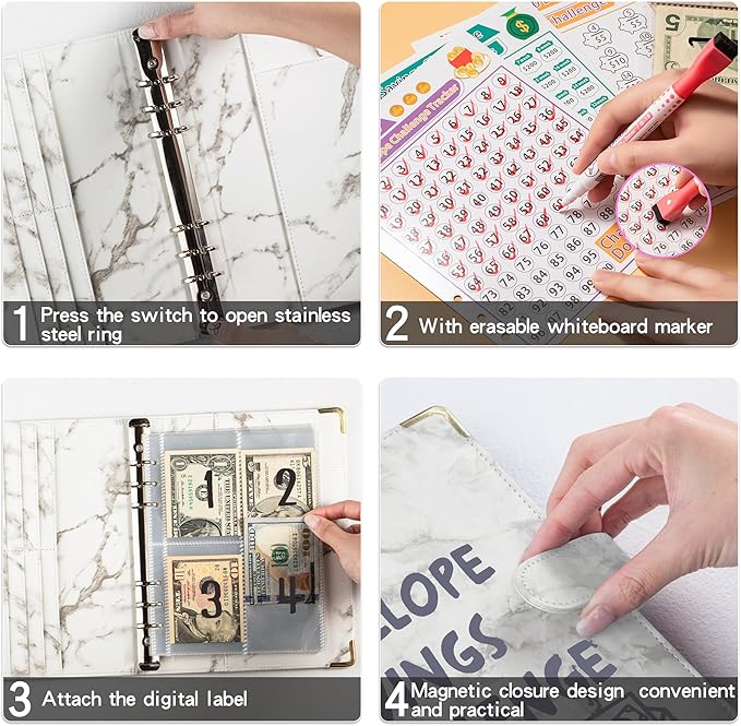 ATkits 100 Envelopes Challenge Binder Savings Challenges Book, A5 Money Saving Planner Cash Envelope Budget Binder with Erasable Pen, Easy and Fun Way to Save $5,050, 10,000 and $500 (Marble White)