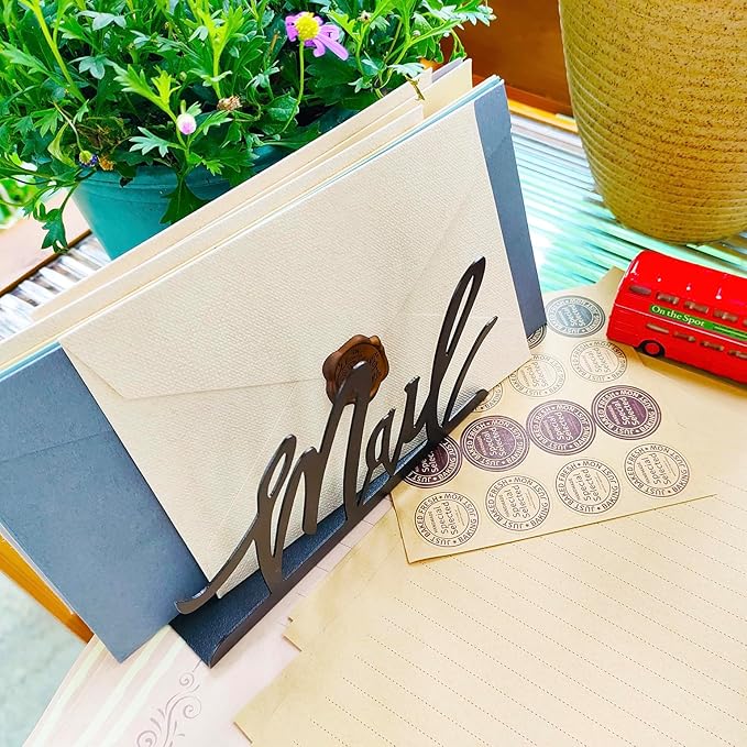 Black Metal Mail Holder, Countertop Letter Organizer with Letter Opener, Office Desktop Envelope Rack, Tabletop Document Stand (Art)