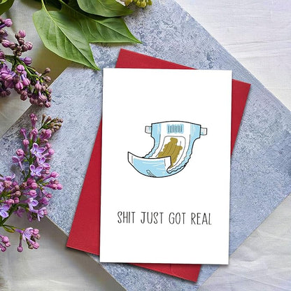 Funny Baby Shower Card, Shit It Just Cot Real, New Baby Congratulations Card for New Mom Dad Parents, Humor Baby Shower Gifts for Friend Sister