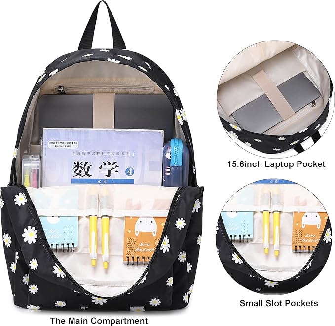 Flowers Black School Backpack for Teens Girls, Womens College Bookbags Kids School Bags Laptop Backpacks