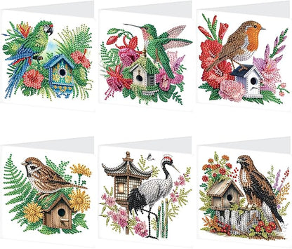Tontut 6pcs Diamond Art Painting Kit Greeting Card, Bird on The House 5D DIY Diamond Handmade Holiday Greeting Card with Envelope, Holiday Gift Congratulation