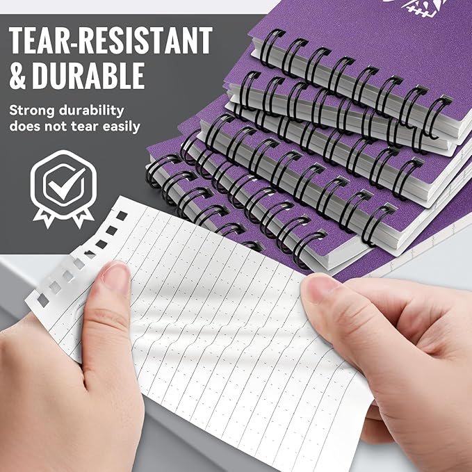 POPYOLA 6 Pack Waterproof Pocket Notebook, 3x5 Pocket Notepad, All Weather Mini Spiral Notepad, Write in the Rain Police Notepad with 100 Squared Pages for Outdoor Home Office School, Purple