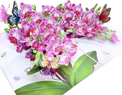 Pop Up Birthday Card for Women, Wife; Butterfly on Purple Orchid Mother's Day Card, 6"x 8" Gift Cards,Thinking of You, All Occasion for Her, Mom, Sister, Grandma, Daughter, Every Orchid Lover