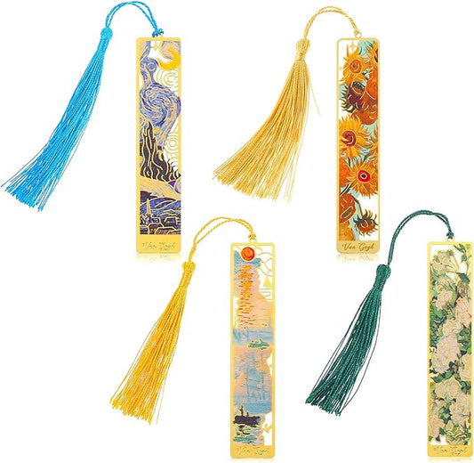 Sibba Book Marks for Book, 4Pcs Hollow Flower Metal Bookmarks with Tassels, Durable Retro Handmade Bookmarks for Women Kids Students Teachers and Book Lovers, Pretty&Increase Reading Interest