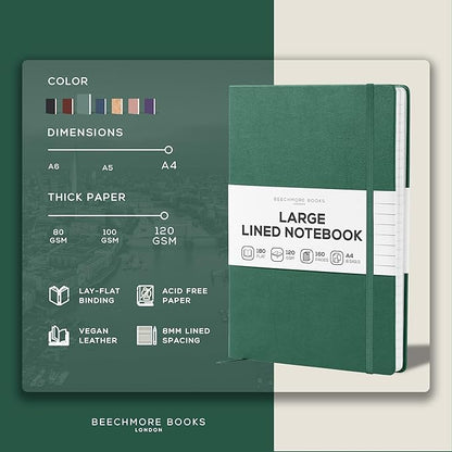 BEECHMORE BOOKS Lined Journal Notebook, 8.5 x 11.5 inch, A4 160 Lined Pages, Hardcover Leather Journals for Women, Men, Writing and Notebooks for Work - 120 GSM Thick Paper, Gifts Box Included