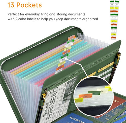 Tamfile Fireproof Accordion File Organizer with Handle, 13 Pocket Expanding File Folder with Zipper & Labels, File Folder with Multi-Pockets Paper Organizer Folder for Letter A4 Files, Green