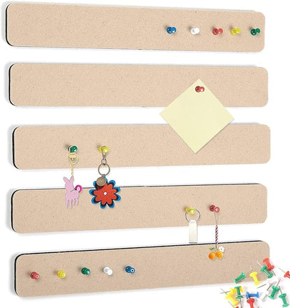 5 Pack Felt Pin Board Bar Strips Bulletin Board for Bedrooms Offices Home Wall Decoration, Notice Board Self Adhesive Cork Board with 35 Push Pins for Paste Notes, Photos, Schedules (Camel)
