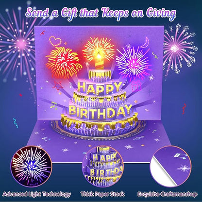 Birthday Cards Birthday Gifts for Women Fireworks Pop Up Cake Light and Music Happy Birthday Card Purple Gold
