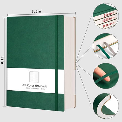 AHGXG Bullet Dotted Journal - Large A4 Notebook Dotted, 8.5''×11'', 320 Pages Dot Grid Notebook, 100gsm Thick Paper, Leather Softcover, with Journal Stencils, Inner Pocket - Green