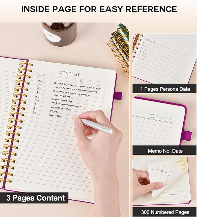 Large Spiral Notebook Journal for Women Men - 300 Numbered Lined Pages, College Ruled,B5 Hardcover Spiral Bound Notebook for School, Work, Note Taking, Writing, Leather Spiral Journal 7"x10"