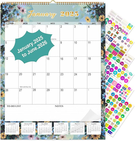 Gannyfer 2025 Wall Calendar, Large Wall Calendar 22"x17", 18 Monthly Hanging Calendar January 2025-June 2026, Yearly Planner Calendars with Plastic Cover, Thick Paper for Home School, or Office, Christmas Gifts for Women-Floral (6 Funny Stickers)