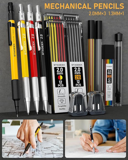 34 Pack Carpenter Pencil Set with Sharpener, Mechanical Carpenter Pencils with Deep Hole Long-Nib Marker Pens, Carbide Scribe Tool & Construction Pencils for Architect Woodworking with Case