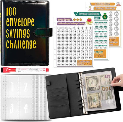 100 Envelopes Challenge Binder Savings Challenges Book, A5 Money Saving Planner Cash Envelope Budget Binder with Erasable Pen, Easy and Fun Way to Save $5,050, 10,000 and $500 (Black)