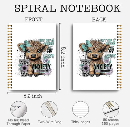 Bit of a Mess Anxiety Funny Highland Cow Notebook - Western Cow Notebook, Highland Cow Office Supplies, Highland Cow Gifts, Cow Lover Gifts, Cute Cow Stuff, Cow Spiral Notebook 5.5x8.3