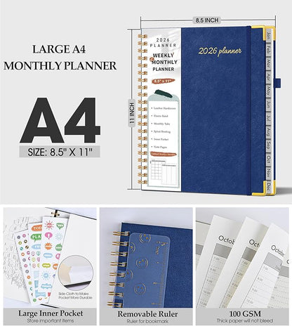 2026 Planner, Weekly and Monthly Calendar Planner from January 2026 - December 2026, 8.5" x 11" Hardcover Leather Hourly Appointment Book with Tabs, Spiral Daily Planners for College School Work Home, Navy