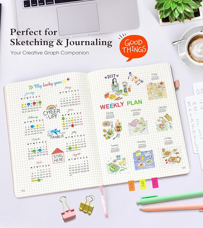 Graph Paper Notebook Journal, 360 Numbered Pages Grid Notebooks, Thick 100gsm Graphing Paper Notebook for Women Men, A5 Large Hardcover Leather Graph Journals for Writing Math 5.75'' × 8.38'' Pink