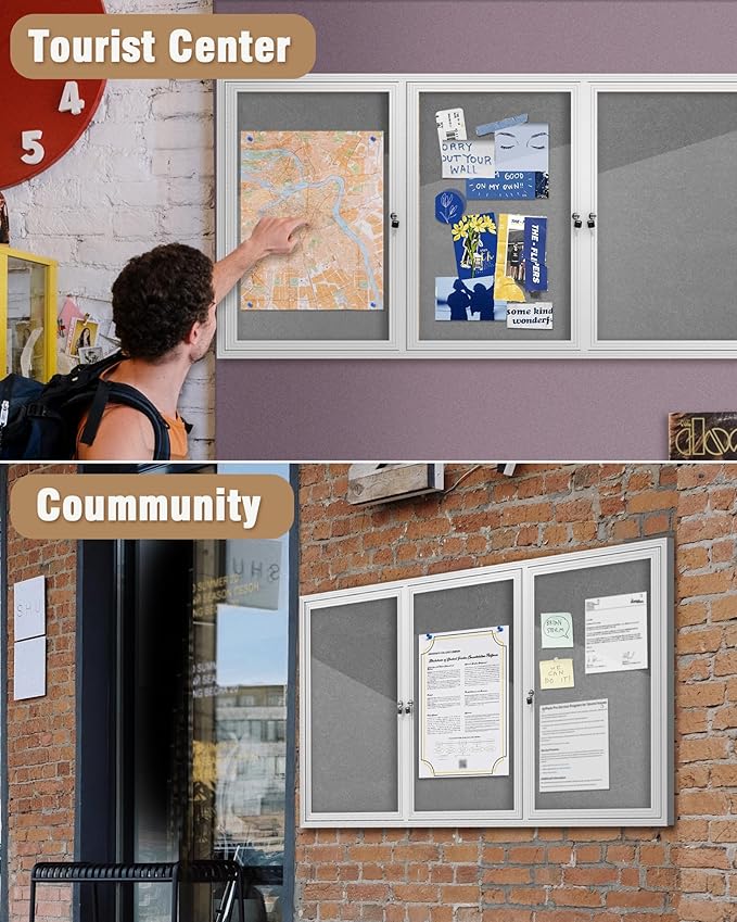 36"x72" Enclosed Bulletin Board, Outdoor Lockable Weather-Resistant Aluminum Cork Noticeboard for School & Office, Silver Frame w/Grey Flet