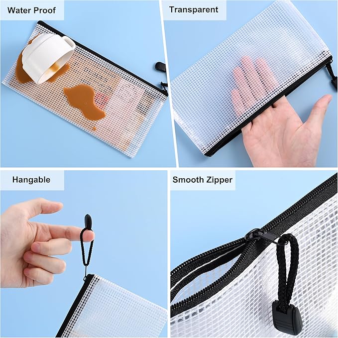 12 Pieces Plastic Mesh Zipper Pouch Bag/Zipper Envelope Document Storage Pouch Bag/Zip File Folder/Office Supplies Bills File Waterproof Zipper Pouche/Storage Pouch for Puzzle and Office