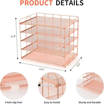 5 Tier Mesh Paper Letter Tray Organizer, Desktop Office Supplies Organizer for Desk, Desk Organizers and Accessories (Rose Gold)