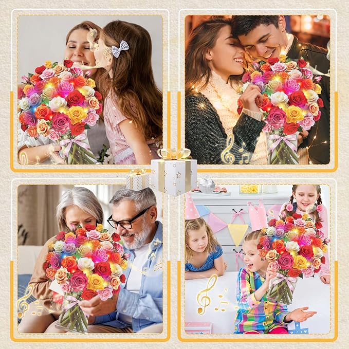 Paper Pop Up Cards, Paper Flower Bouquet 3D Card, Rose Bouquet Greeting Cards with Music and Colorful Lights, Holiday Anniversary Mother's Day Birthday Bouquet Decoration Flower Gift Card