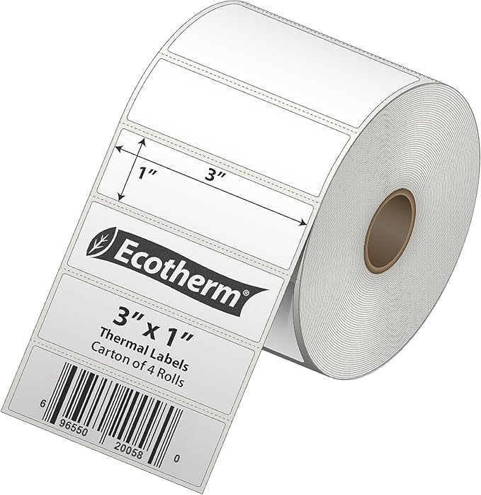 3" x 1" Thermal Labels | 4 Rolls | 5240 Labels | fits Zebra, Munbyn, Rollo, Godex, Arkscan, iDPRT, Offnova Thermal Label Printers and More | Blank White Adhesive Stickers by Ecotherm