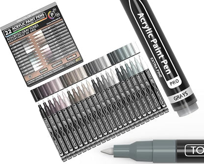 Acrylic Paint Pens 22 Gray Tones Assorted Pro Color Series Markers Set 0.7mm Extra Fine Tip for Rock Painting, Glass, Mugs, Wood, Metal, Canvas, Projects, Non Toxic, Waterbased, Quick Drying