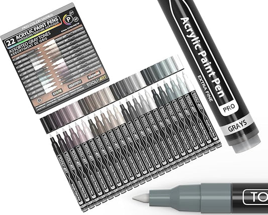 Acrylic Paint Pens 22 Gray Tones Assorted Pro Color Series Markers Set 0.7mm Extra Fine Tip for Rock Painting, Glass, Mugs, Wood, Metal, Canvas, Projects, Non Toxic, Waterbased, Quick Drying