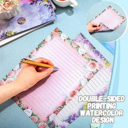 TaoBary 160 Packs Stationery Paper Set (50 Double Sided Stationery Writing Papers 50 Matching Envelopes) 60 Round Dot Sticker, 10 Design(Flower,8.5 x 11 Inch)