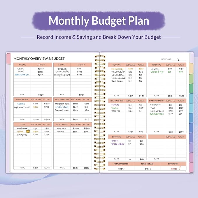 SUNEE Budget Planner - Monthly Budget Book with Expense Tracker Notebook, A4(8.5" x 11") Undated 12 Month Bill Organizer & Finance Planner to Manage Your Money, Account Book with Colorful Tab, Purple