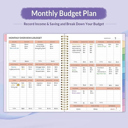SUNEE Budget Planner - Monthly Budget Book with Expense Tracker Notebook, A4(8.5" x 11") Undated 12 Month Bill Organizer & Finance Planner to Manage Your Money, Account Book with Colorful Tab, Purple
