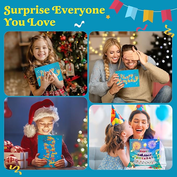 3D Pop-Up Birthday Card with LED Lights & Blowable Candle – Interactive Music Greeting Card for Women, Men, Kids Green