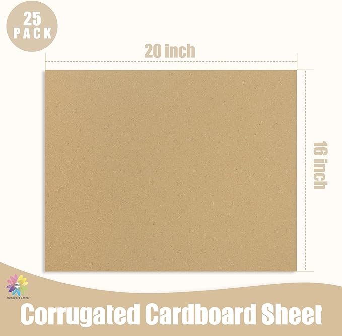Mat Board Center, 25 Pack 16x20 Brown Cardboard Sheet, 1/8 inch Thick, Flat Corrugated Cardboard Inserts for Packing, Shipping, Mailing, Cardboard Backing, Art Craft Card Board