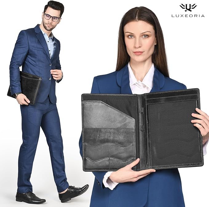 Leather Portfolio Professional Organizer Padfolio – Resume Folder, Document Binder w/Business Card Holder, Portfolios for Men & Women, Office & Business Supplies by Luxeoria, (Small - Black)