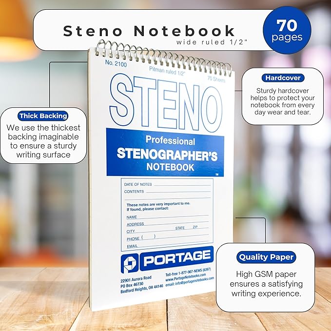 Portage Steno Notebook | 6" x 9" With Ultra Thick Backing Perfect For Writing Wherever You Need, 70 Sheets of Quality, Wide Ruled Paper, Top Spiral Bound