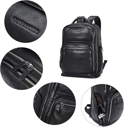 BOSTANTEN Leather Backpacks College 15.6” Laptop Travel Computer Shoulder Backpack For Men Black