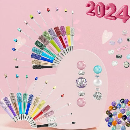 24Pcs Pearl & Diamond Beadable Pens bulk Multicolor Retractable Writing Pens Plastic Black Ink Bead Pens Ballpoint Pens Pen Making Kit DIY Pens