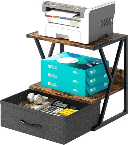 aboxoo Printer Stand For Desk With Storage Drawer, 2 Tier Desktop Or Under Desk Shelf, Multi-Purpose Desk Organizer For Home Office, fit Fax Machine/3D Printer/Scanner, Rustic Brown