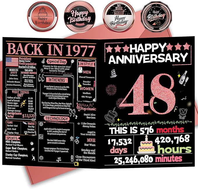 Joycard 48th Anniversary Card for Women, Wedding Card for Wife, Sweet Marriage Decorations Gifts for Couple, Perfect for Her on Anniversary Day, Back in 1977