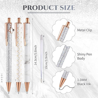 Sherr 7 Pcs Fancy Pens for Women Cute Sparkly Glitter Pens with 10 Pcs Black Ink Refills Pretty Gifts for Girls Office School Christmas Graduation(White,Novel)