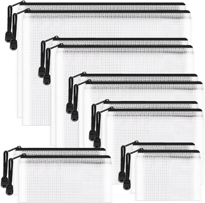 Umriox Zipper Bags, 6 Assorted Size (Black, 12 Packs), Project Bags for Cross Stitch, Mesh Zipper Pouch for Office Supplies Travel Accessories and Board Games Storage