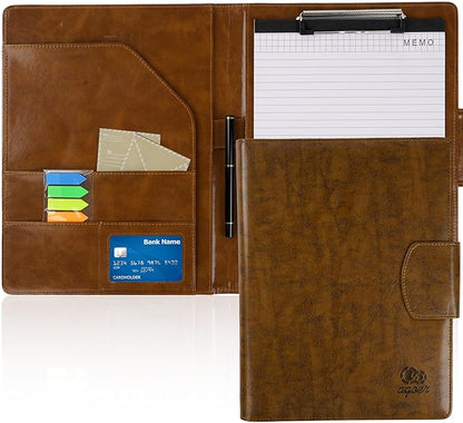 A4 Leather Portfolio Professional Organizer Padfolio,Stylish Document Folio Organizer with Magnetic,Resume Portfolios with Papers,Sticky Tabs,Pen for Interview Conference Presentation,Retro Brown