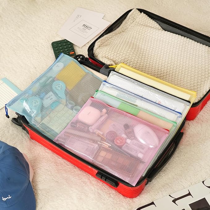 EOOUT 12pcs Mesh Zipper Pouch for Organizing, A4 Letter Size Zipper Storage Bags, Multicolor Plastic File Pouch Multipurpose for Classroom Organization Travel Storage Board Game Storage