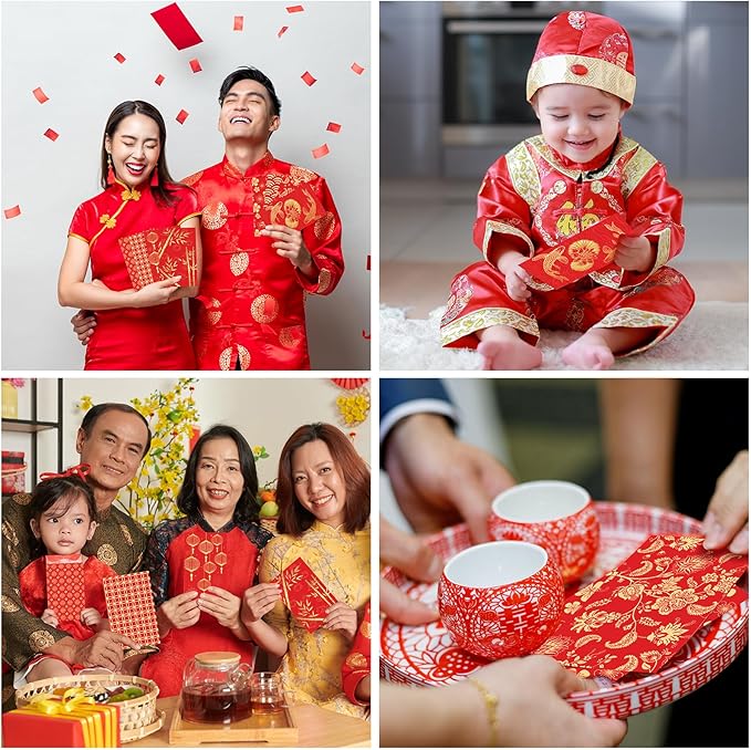 64 Pcs Red Envelopes Chinese New Year 2024 Lucky Money Envelopes Hong Bao Red Pocket Envelope for Money Year of the Dragon 2024 Gifts for Spring Festival Wedding Birthday