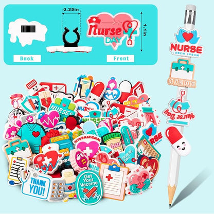 WDAHDHP Nurse Pencil Clips for Kids, 50Pcs Different Pencil Clips Topper, Cute Pencil Charms for Nursing School Students Medical Decor Nurse Week Nurse Day