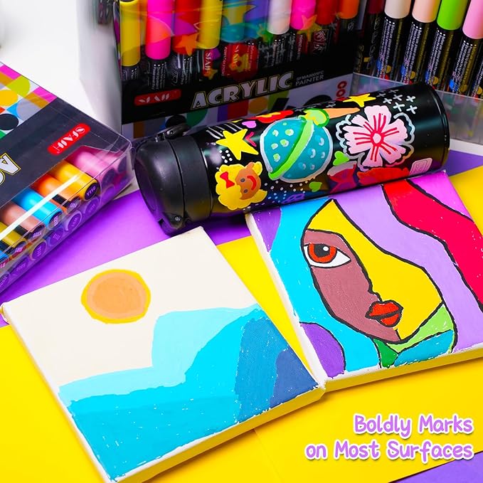 SFAIH Acrylic Creative Markers - 3mm Replaceable Nibs 36 Colors, Large Ink Capacity, Ultra-High Coverage, Non-Bleeding Water-Based Ink, Drawing Markers for Art Supplies, Wood, Fabric, Rock Painting