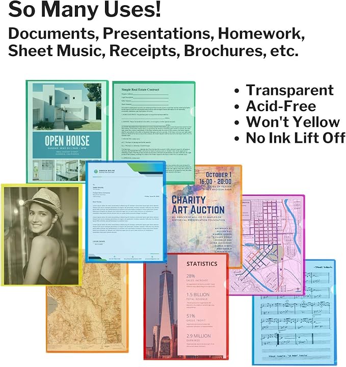 Dunwell Clear Plastic Folder Sleeves (6 Pack, Assorted Colors), Transparent Project Folders, Acid-Free Poly Sleeves, File Jackets for Letter Size Paper, Plastic L-Sleeves for 8.5x11 Documents