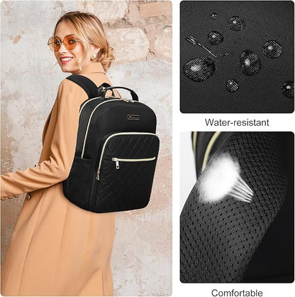 Modoker 15.6 Inch Laptop Backpack, Quilted Work Backpack for Women Bookbag Teacher Backpack with USB Charging Port, Travel Backpack Purse for Women Nurse, Black