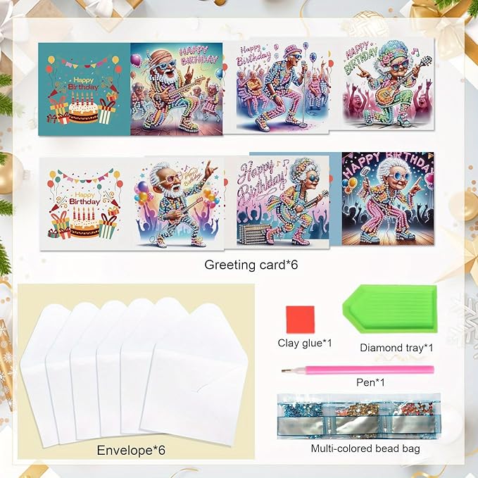 6 Pieces Diamond Art Painted Greeting Cards, Trendy Music Elderly 5D DIY Special Shape Diamond Card Creative Gifts, Christmas Thanksgiving Greeting Cards Congratulation