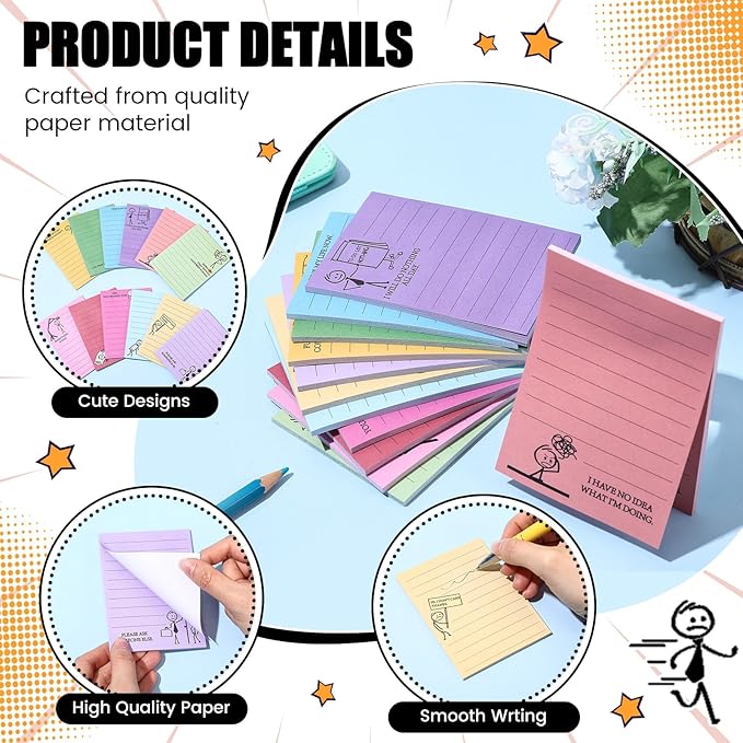 12 Pcs Funny Sticky Notes for Work 4x3 Inches Sarcastic Self Adhesive Notepads Novelty Memo Note Pads for Office Coworker Gifts Employee Appreciation Supplies(Stick Man)